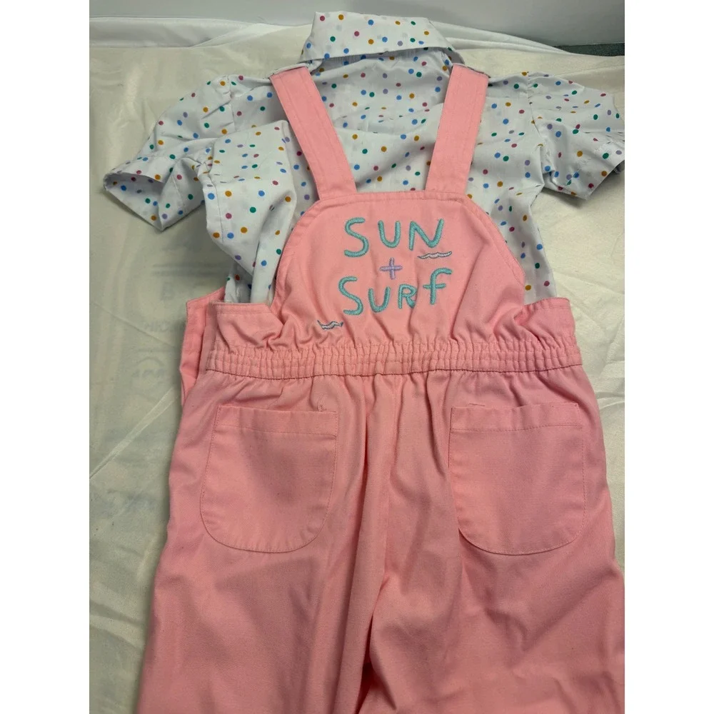 Vintage Happy Kids Pink Overalls Polka Dot Shirt Set 2T Elephant Sun Surf AB-126